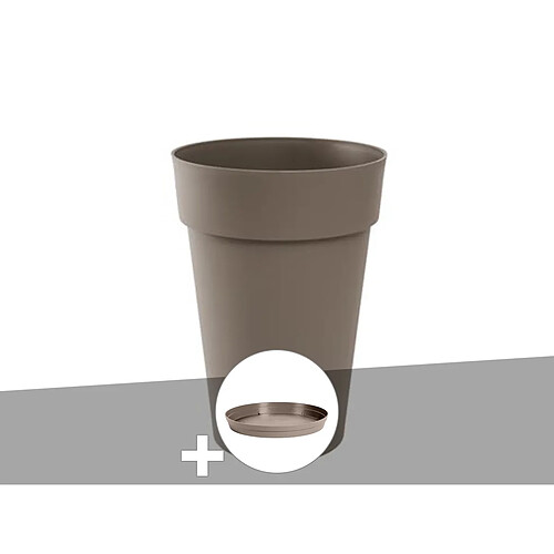 Pot de fleur rond Toscane Ø 44 x H.53 cm Taupe + Soucoupe - Eda