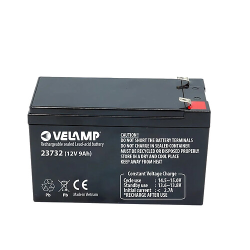 VELAMP Batterie rechargeable au plomb, connexions Faston, 12V 9Ah