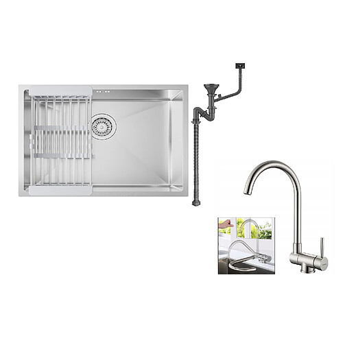 Auralum max Évier Cuisine 1 Bac 60*44*20CM,inox 304,à Encastrer/sous-plan avec Panier Drainage,Nano Silver+Mitigeur Cuisine Rabattable Pivotant 360°