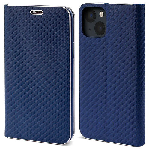 Moozy Étui Portefeuille pour iPhone 13, Bleu Foncé Carbone - Étui à Rabat avec Bordure Métallique, Fermeture Magnétique, Flip Cover avec Porte-Cartes et Fonction Béquille