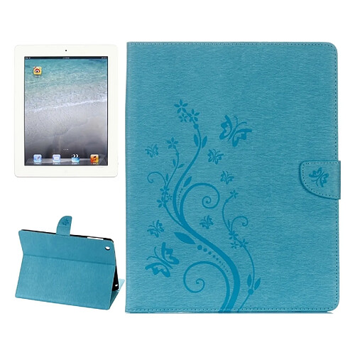 Wewoo Smart Cover bleu pour iPad 4 fleurs pressées motif papillon flip horizontal PU étui en cuir avec boucle magnétique et titulaire fentes cartes porte-monnaie