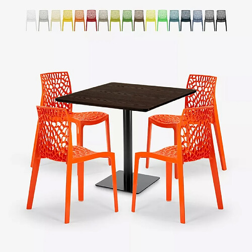 Grand Soleil Ensemble Table Bois Métal Horeca 90x90cm 4 Chaises Design Empilables Dustin Restaurant Bar - Orange