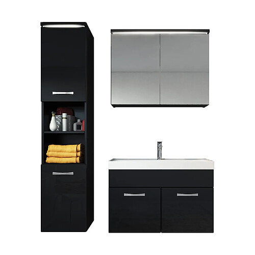 Auco Meuble de salle de bain de Paso 80x40cm lavabo Noir brillant – Armoire de rangement Meuble lavabo armoire miroir