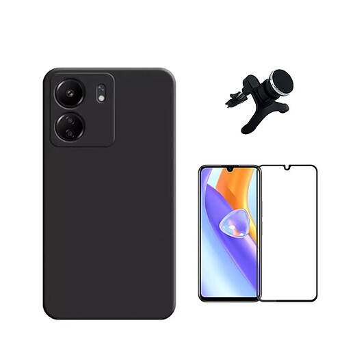 Kit de film en verre trempé de la couverture en 5D + boîtier en silicone liquide + porte-voiture renforcé Phonecare pour Xiaomi Redmi 13C - le noir