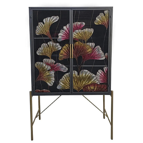 Pegane Buffet haut Meuble de rangement en bois marron motif fleurs et métal doré - Longueur 85 x Hauteur 155 x Profondeur 35 cm