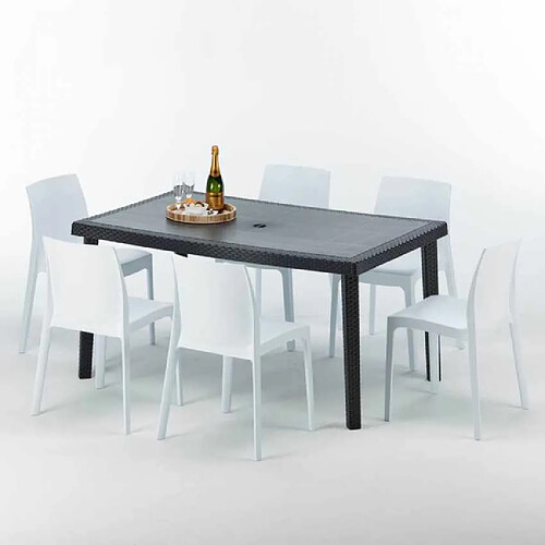 Grand Soleil Table rectangulaire et 6 chaises Poly rotin colorées 150x90cm noir Enjoy, Chaises Modèle: Rome Blanc