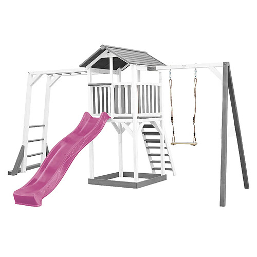 AXI Beach Tower Aire de Jeux avec Toboggan en Violet, Cadre d'escalade, Balançoire & Bac à Sable | Grande Maison Enfant extérieur en Gris & BLANC | Cabane de Jeu en Bois FSC