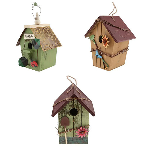 3x Maison En Bois En Bois Nid Maison D'oiseau Nichoir W / Corde Suspendue Pour Jardin