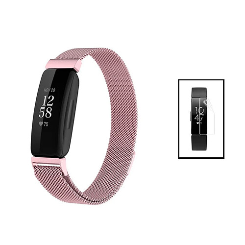 PHONECARE Kit Bracelet Milanese Loop Fermoir Magnétique + Film de Gel Full Cover pour Fitbit Inspire 2 - Rose / Transparent