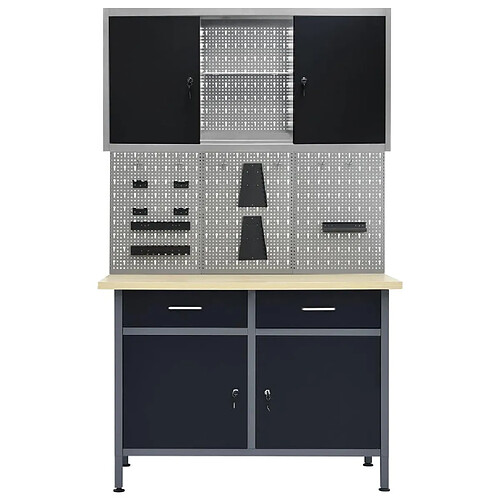 Helloshop26 Etabli 120 cm avec 3 panneaux muraux et 1 armoire atelier table de travail gris noir 02_0003661