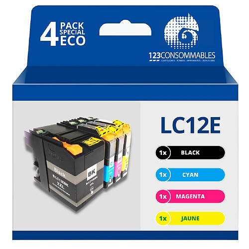 123CONSOMMABLES - LC-12E - Pack 4 cartouches compatibles avec BROTHER MFC-J6925DW LC12E (1 Noir / 1 Cyan / 1 Magenta / 1 Jaune)