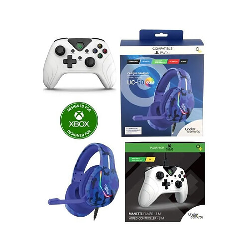 Under Control Casque Gamer LED RGB XBOX X/S PS4 - PS5 PLAYSTATION SWITCH PC Pro Gaming + Manette XBOX ONE-S-X-PC Blanche