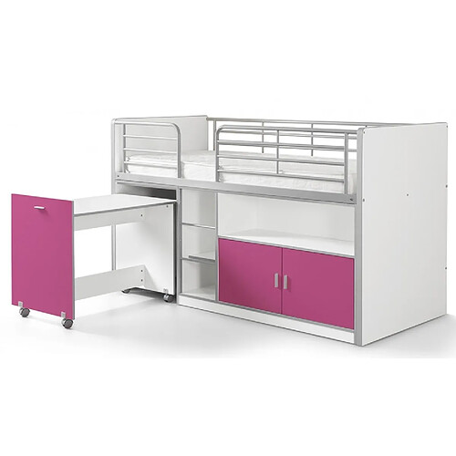 Mes Lit combiné 90x200 cm avec bureau et rangements fuchsia - ASSIA