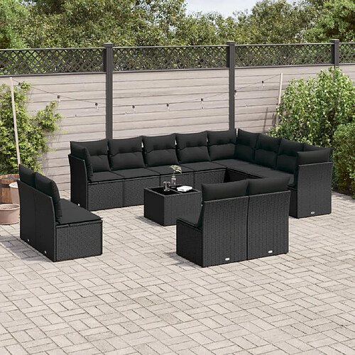 vidaXL Salon de jardin avec coussins 13 pcs noir résine tressée