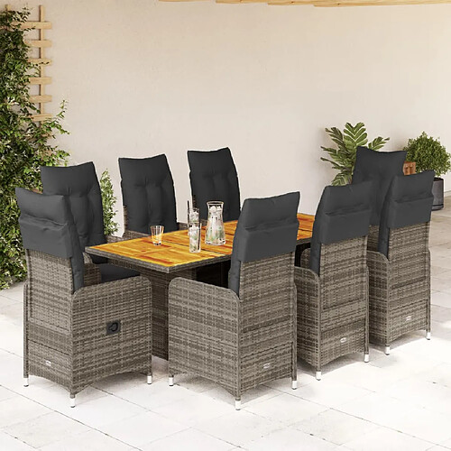 vidaXL Ensemble de bistro de jardin 9 pcs coussins gris poly rotin