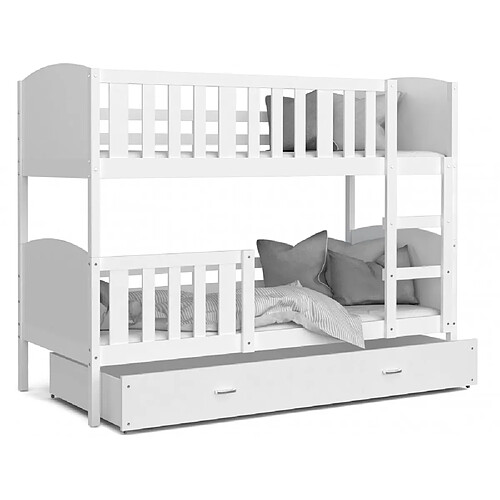 Kids Literie Lit Superposé Tomy 90x200 Blanc - blanc Livré avec sommiers, tiroir et matelas en mousse de 7cm