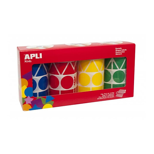 Apli Pack de 4 Rouleaux de Gomets Adhésifs Permanents - Formes Géométriques - Idéal pour les Garderies - Développement Psychomoteur - Haute Qualité et Sécurité - Couleur Jaune