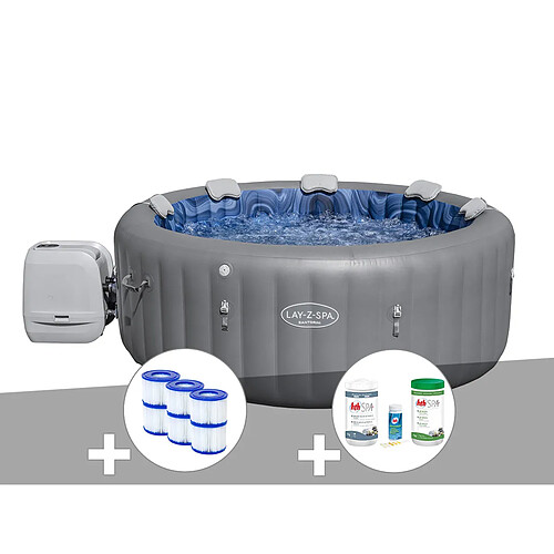 Kit spa gonflable Bestway Lay-Z-Spa Santorini rond HydroJet Pro 5/7 places + 6 filtres + Kit traitement brome