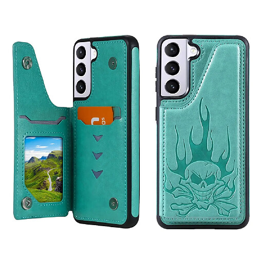 Coque en TPU + PU crâne imprimé, hybride avec béquille et porte-carte vert pour votre Samsung Galaxy S21 5G