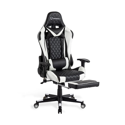 Fauteuil gamer Foxsport, chaise gaming inclinable avec repose-pieds télescopique,accoudoirs2D, support lombaire et appui-tête, Blanc et Noir