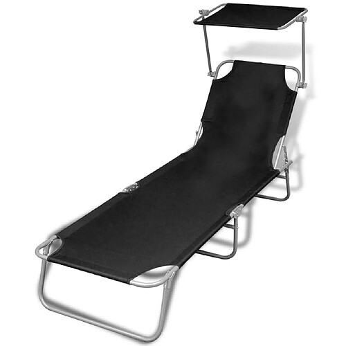 vidaXL Chaise longue pliable avec auvent acier et tissu noir