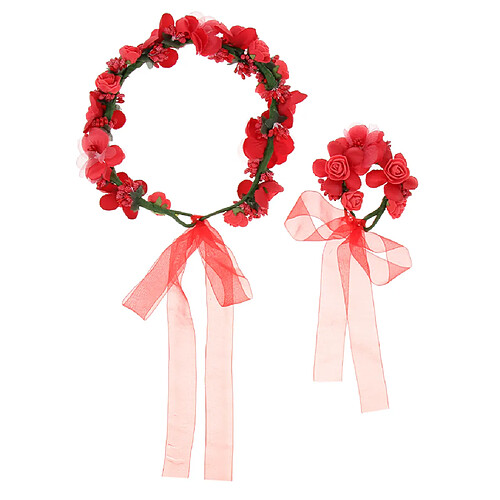 mariée femmes fleur couronne cheveux bande et mariage poignet fleur costume costume rouge