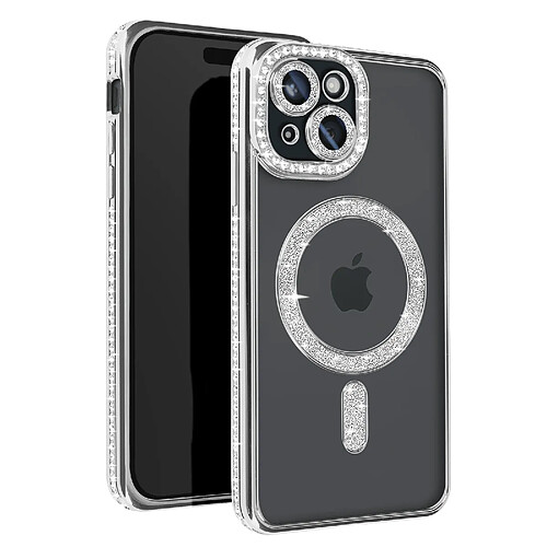 Avizar Coque Diamant pour iPhone 15 Protection MagSafe Contour Strass Argent