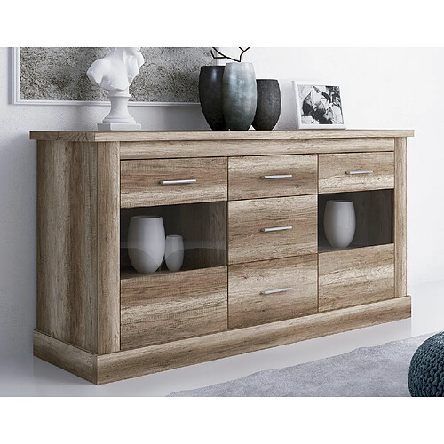 Pegane Buffet, Meuble de rangement coloris Chêne vieilli - Longueur 170 x Profondeur 49 x Hauteur 88 cm