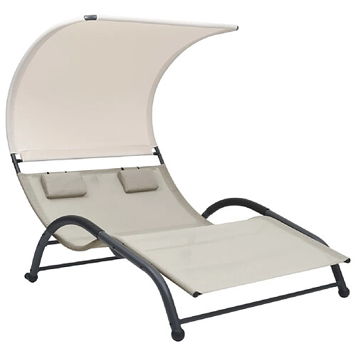 Helloshop26 Transat chaise longue bain de soleil lit de jardin terrasse meuble d'extérieur double avec auvent textilène crème 02_0012721