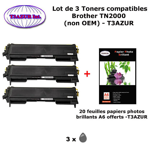 3 Toners compatibles TN2000, TN2005 pour imprimante Brother MFC 7225N, 7420, 7820N+ 20f A6 brillants - T3AZUR