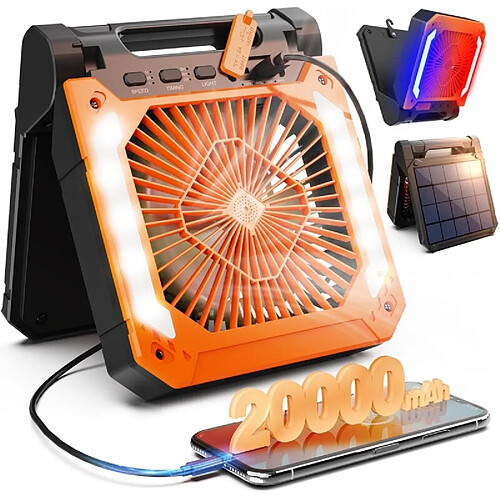 (Orange et Noir) Ventilateur électrique Portatif de 20000mAh Avec Crochet de Camping de Voiture de Tente de Lumière de Led et Chargement USB et Solaire Pour la Randonnée Pique-Nique de Pêche D'urgence