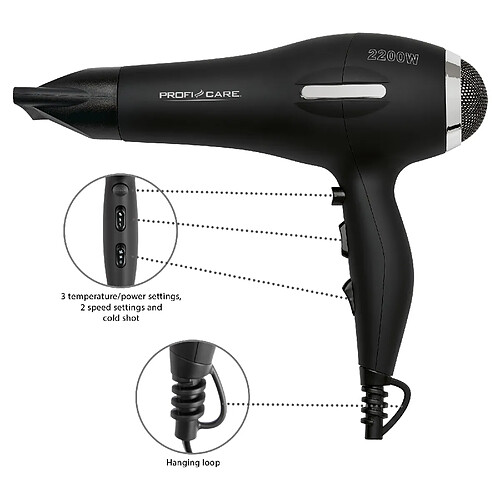 Sèche-Cheveux professionnel ionique 2 vitesses 3 temp Motor AC, 2200, Noir, Proficare, HT 3017