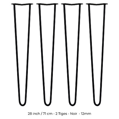 Monstershop 4 Pieds de Table en Épingle à Cheveux - 71cm - 2 Tiges - 12mm – Fini Noir