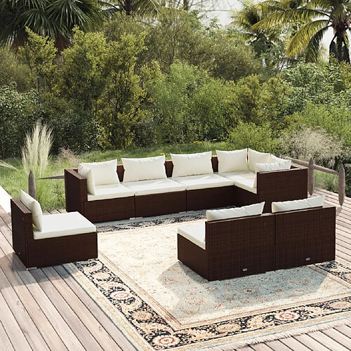 vidaXL Salon de jardin 8 pcs avec coussins résine tressée marron