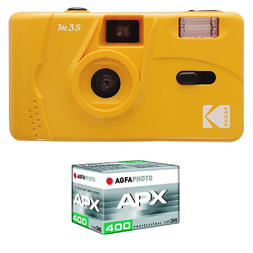 KODAK Pack M35 Argentique + Pellicule APX 400, 36 poses - Appareil Photo Kodak Rechargeable 35mm Jaune, Objectif Grand Angle Fixe - Yellow