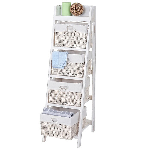 Mendler Étagère échelle Goiana, Étagère sur pied avec 4 tiroirs en osier 101x30cm, style shabby, vintage ~ blanc