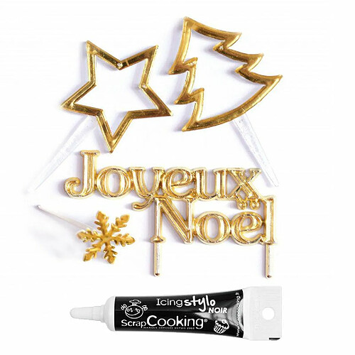 Scrapcooking 4 accessoires de Noël dorés + Stylo de glaçage noir