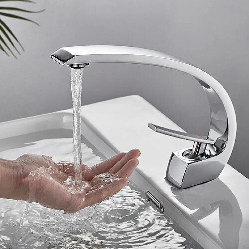 AURALUM MAX® Mitigeur Cascade de Lavabo, Robinet en Laiton pour Lavabo et Vasque, Mitigeur de Lavabo à Poignée Unique avec Aérateur Amovible, Chromé