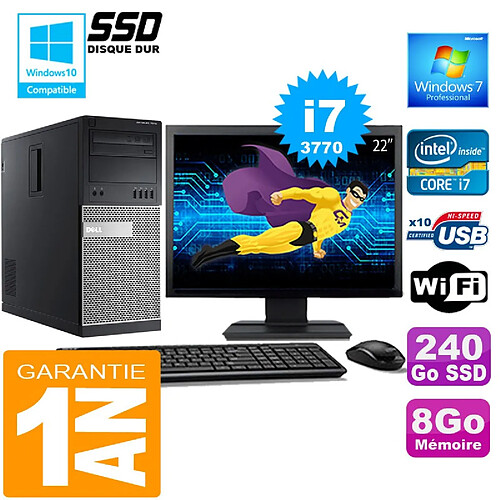 PC Tour DELL 7010 Core I7-3770 Ram 8Go Disque 240 Go SSD Wifi W7 Ecran 22" · Occasion