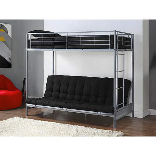 Vente-Unique Lit mezzanine 90 x 190 cm - Avec banquette convertible - Métal - Argent + Futon noir - MODULO V