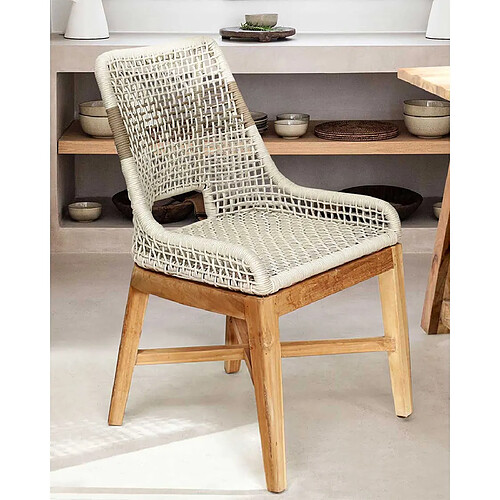 UNIQKA Kos - Chaise dossier haut en teck massif et corde naturelle beige