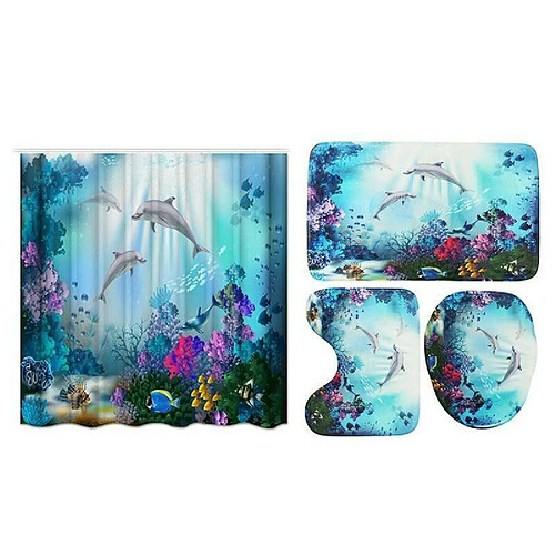 Universal 4PCS Dolphin Set de salle de bains Panneau de rideau de douche Couvercle de siège de toilette Tapis de baignoire