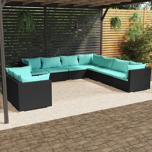 vidaXL Salon de jardin 9 pcs avec coussins Noir Résine tressée