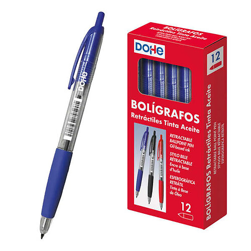 Stylos à encre rétractables Dohe à base d'huile - Pointe bille 1 mm - Course 0,4 mm - Corps transparent avec grip en caoutchouc - Boîte de 12 unités