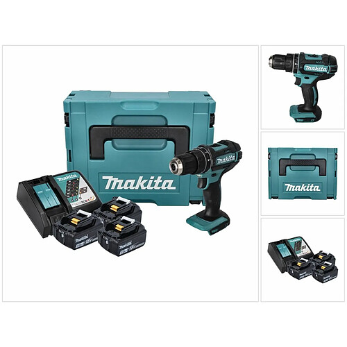 Makita DHP 482 RF3J Perceuse-visseuse à percussion sans fil 18 V 62 Nm + 3x Batteries 3.0 Ah + Chargeur + Coffret Makpac