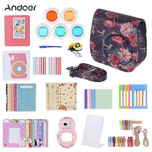 Andoer Kit d'accessoires 14 en 1 pour Fujifilm Instax Mini 9/8/8 + / 8s avec étui d'appareil photo / Dragonne / autocollant / Obje