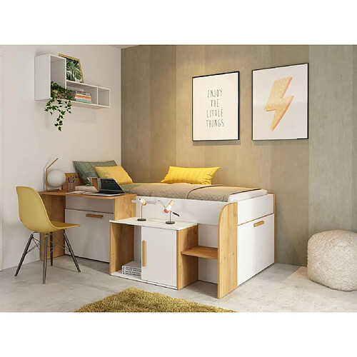 Vente-Unique Lit combiné 90 x 200 cm avec bureau et rangements - Coloris : Blanc et naturel + Sommier - PEDRO