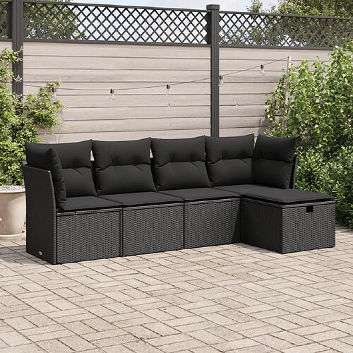 vidaXL Salon de jardin 5 pcs avec coussins noir résine tressée