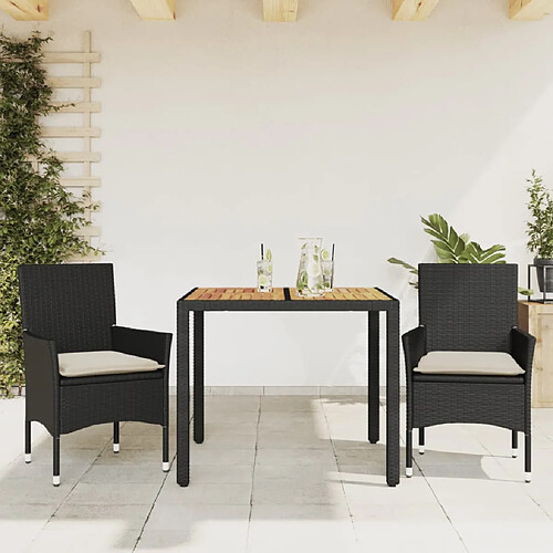 vidaXL Ensemble à manger de jardin et coussins 3 pcs noir rotin acacia