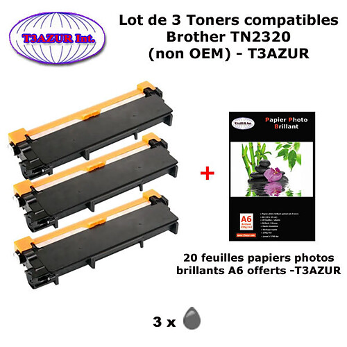 3 Toners génériques TN-2320 pour Brother HL L2300 L2300D L2340DW L2360DN L2365DW imprimante+ 20f A6 brillantes -T3AZUR